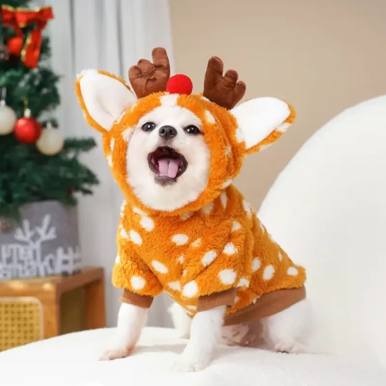 Christmas Reindeer Dog Hoodie: Warm Fleece-Lined Sweater for Fall/Winter